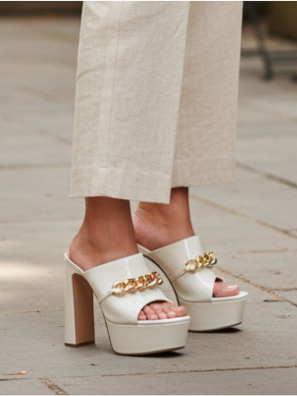 White Platform Heels With Gold Chain Detail Open Toe Patent Finish & Chunky Bloc